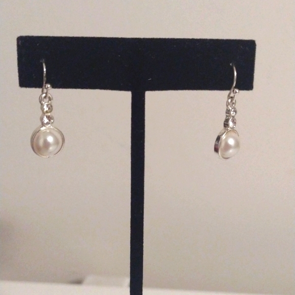 Faux pearl and rhinestone silver tone pierced hook dangle earrings - Picture 1 of 3